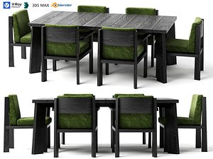 Modern Dark Wood Dining Table and Chair Set 3D model