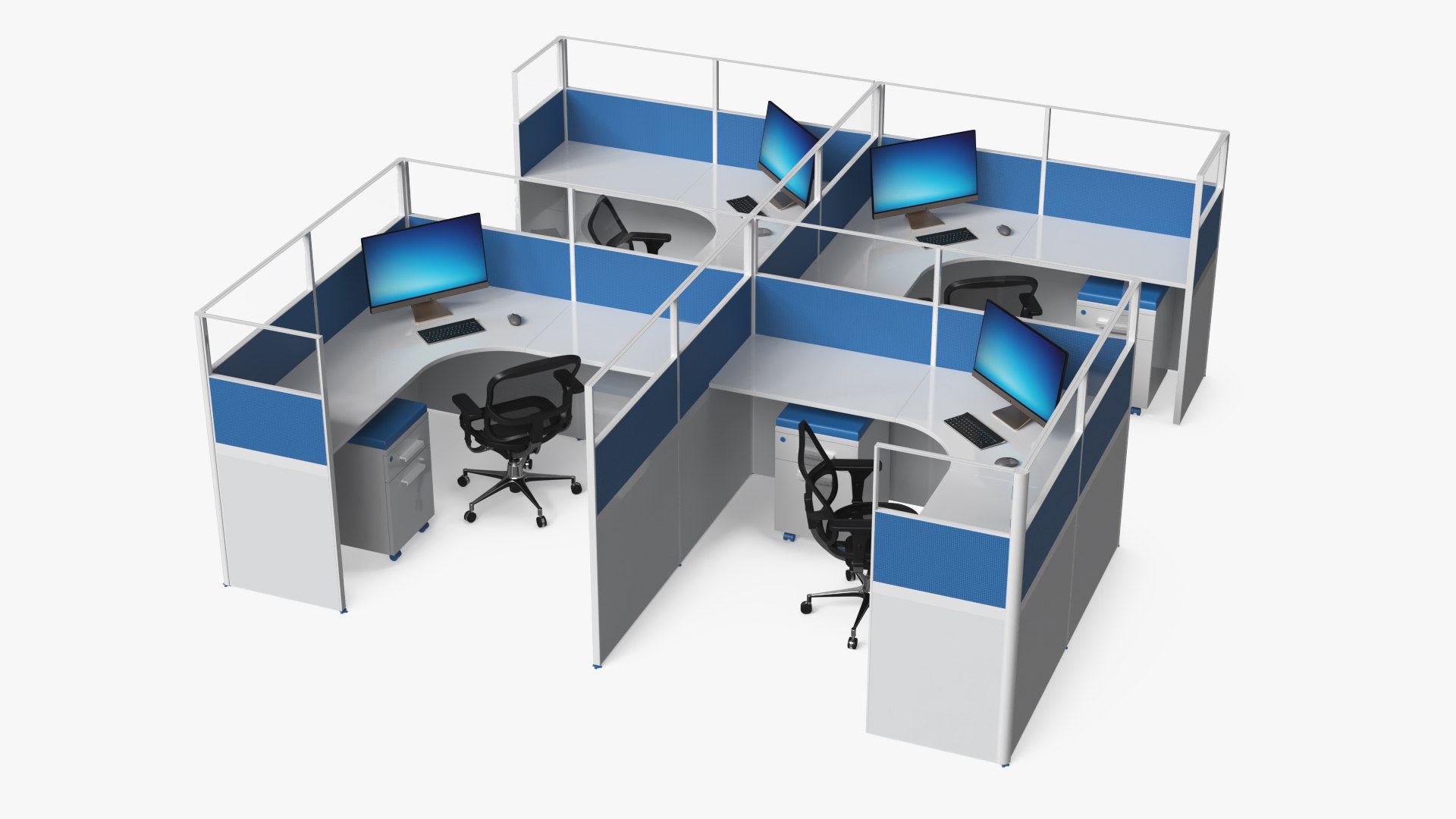 Open Plan Office Cubicle Furniture Set with Chairs 3D model preview