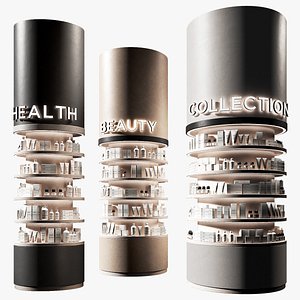 Round columns racks with trade products Commercial shelving Pharmaceutical Cosmetic products 3D model