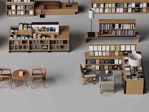 3D Modern Library Bookshelves and Reading Area Furniture Set model