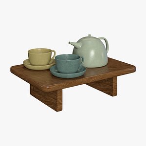 3D Japandi Ceramic Tea Set with Wooden Serving Table model
