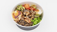 Poke bowl with striped prawn or caramote prawn and Teriyaki sauce