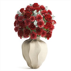 Ralistic bouquet red flowers carnation rose decor vase decor 3D