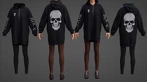 Goth Style Skull Oversized hoodie and fishnet leggings Grunge Aesthetic Sweatshirt Clothing 3D model