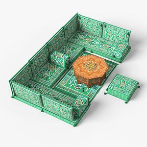 Majlis Seating Set with Carved Table and Tea 3D model