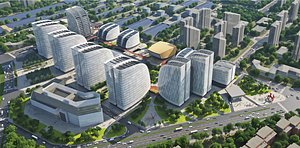 Contemporary Business District Office Complex Aerial View