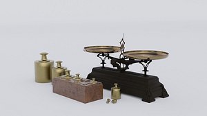 Rigged vintage balance scale with weights