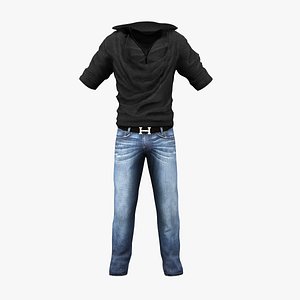 Male Jeans With Cowl Neck Hoodie Top 3D model