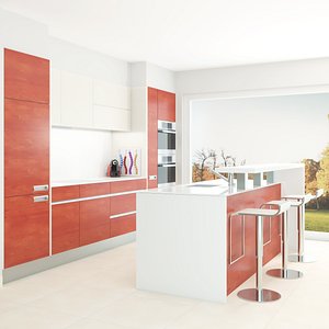 3D Open contemporary kitchen with island and bar