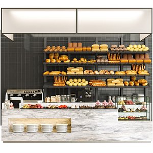 3D Cafe with a showcase with sweets and bread