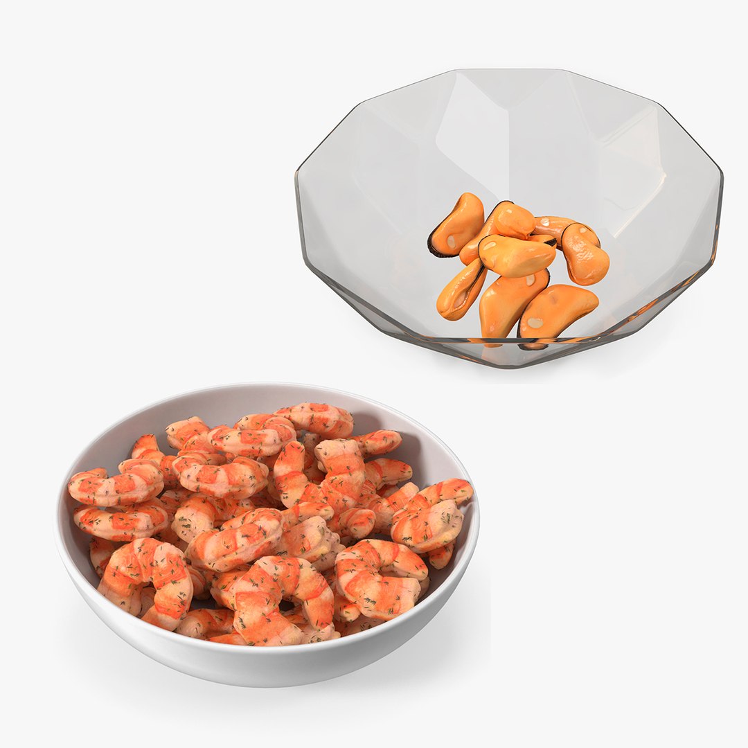 Cooked Shrimps and Mussels in Bowl Collection 3D model preview