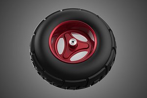 METALLIC RED THREE SPOKE TREAD TIRE RIM CART WHEELBARROW RUBBER 3D