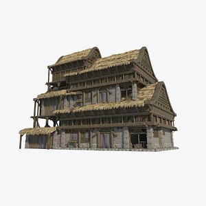 Large thatched houses in ancient Asian architecture 3D