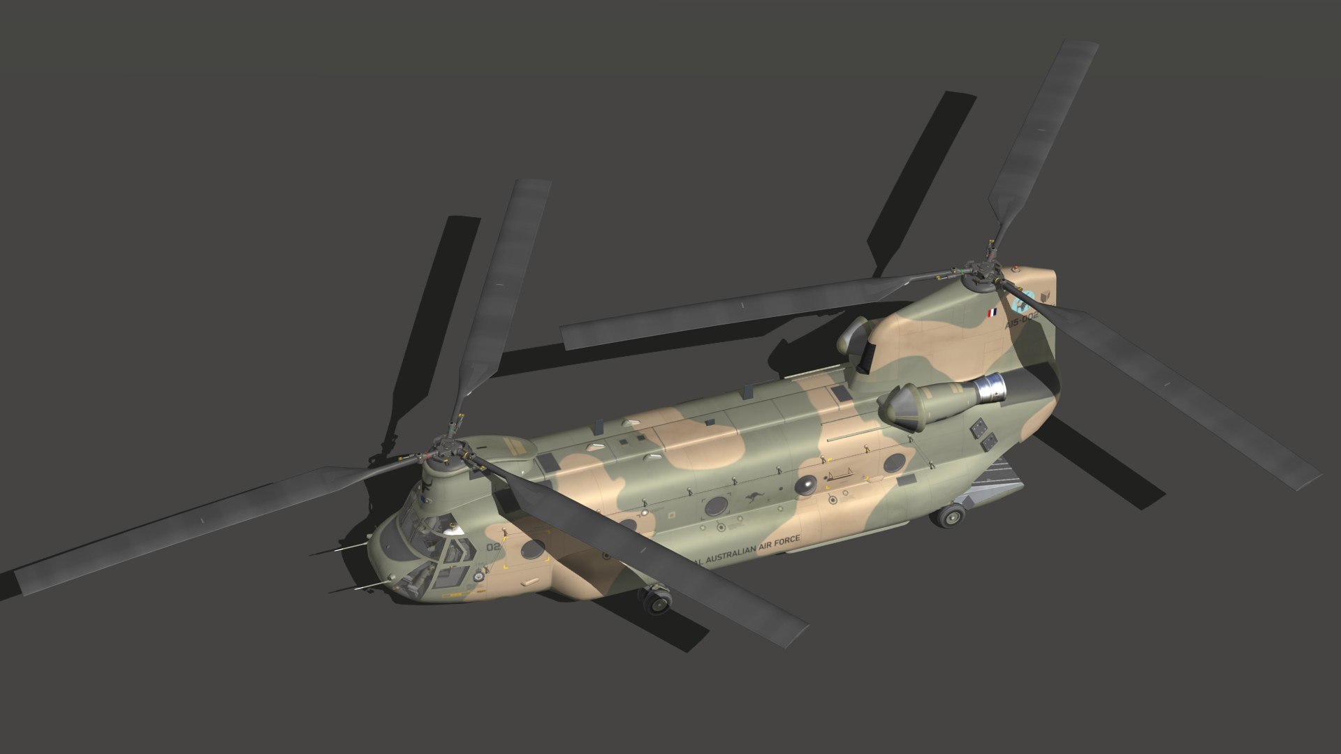 3D CH47 Chinook RAAF model https://p.turbosquid.com/ts-thumb/7D/qtzxgF/33/h47auspr16/jpg/1691392460/1920x1080/fit_q87/3c0fd39f877696634ab25ccfbf33d1e7f28e4c79/h47auspr16.jpg