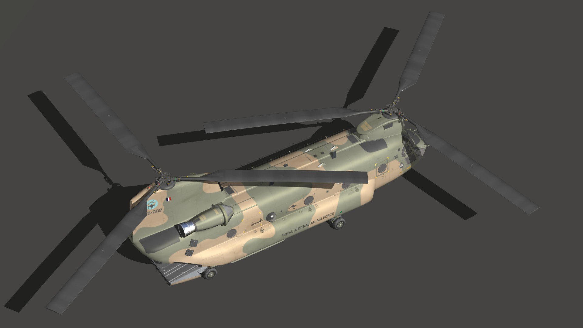 3D CH47 Chinook RAAF model https://p.turbosquid.com/ts-thumb/7D/qtzxgF/9q/h47auspr19/jpg/1691392462/1920x1080/fit_q87/7a2c366008fd660f5e35aa8fbf8f89d71db3dc59/h47auspr19.jpg