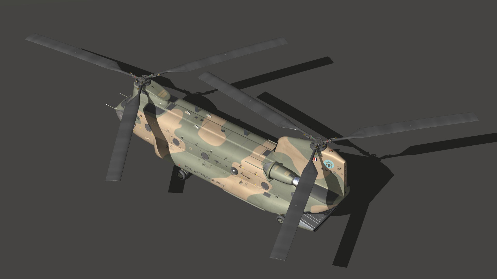 3D CH47 Chinook RAAF model https://p.turbosquid.com/ts-thumb/7D/qtzxgF/ED/h47auspr17/jpg/1691392461/1920x1080/fit_q87/d9f44f85d3fc3e5df6831bcb8588e2a44b935e32/h47auspr17.jpg