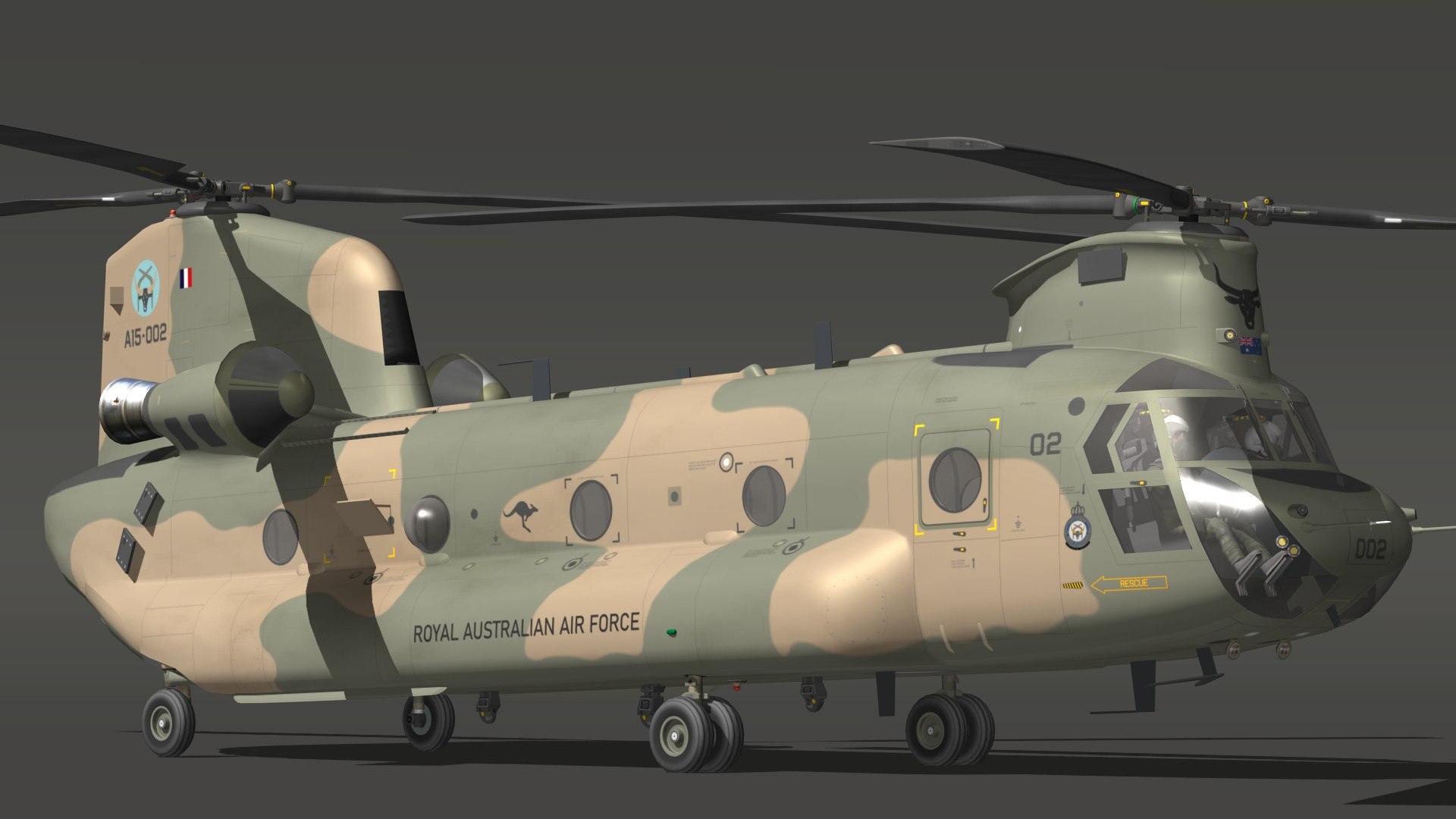 3D CH47 Chinook RAAF model https://p.turbosquid.com/ts-thumb/7D/qtzxgF/Jz/h47auspr21/jpg/1691392463/1920x1080/fit_q87/62f1f35369f551f14bb0bb9686e1bf4d17158968/h47auspr21.jpg