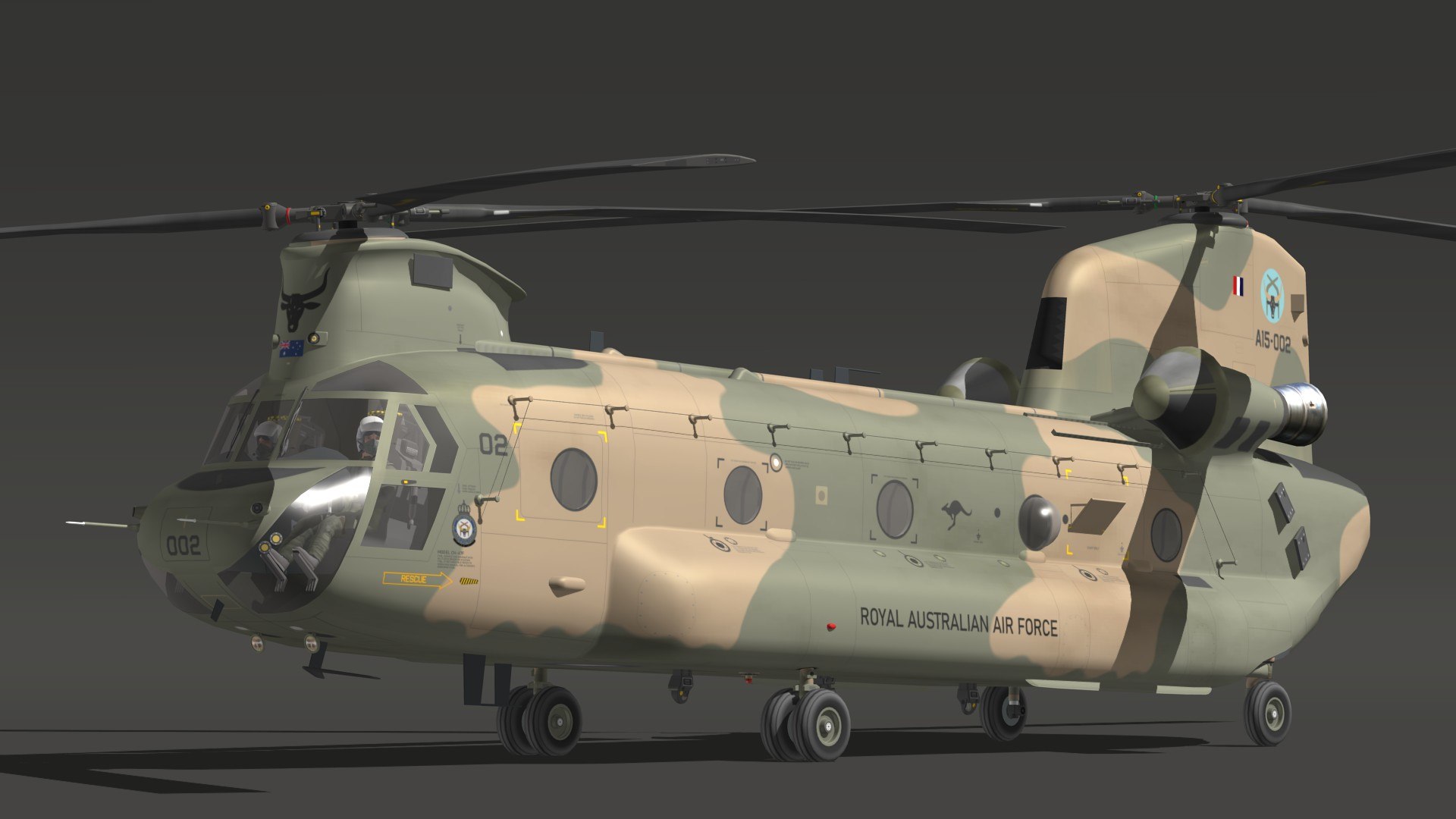 3D CH47 Chinook RAAF model https://p.turbosquid.com/ts-thumb/7D/qtzxgF/fn/h47auspr23/jpg/1691392464/1920x1080/fit_q87/2adc359aad965eca7e6aac1da7a510e30da7f40b/h47auspr23.jpg
