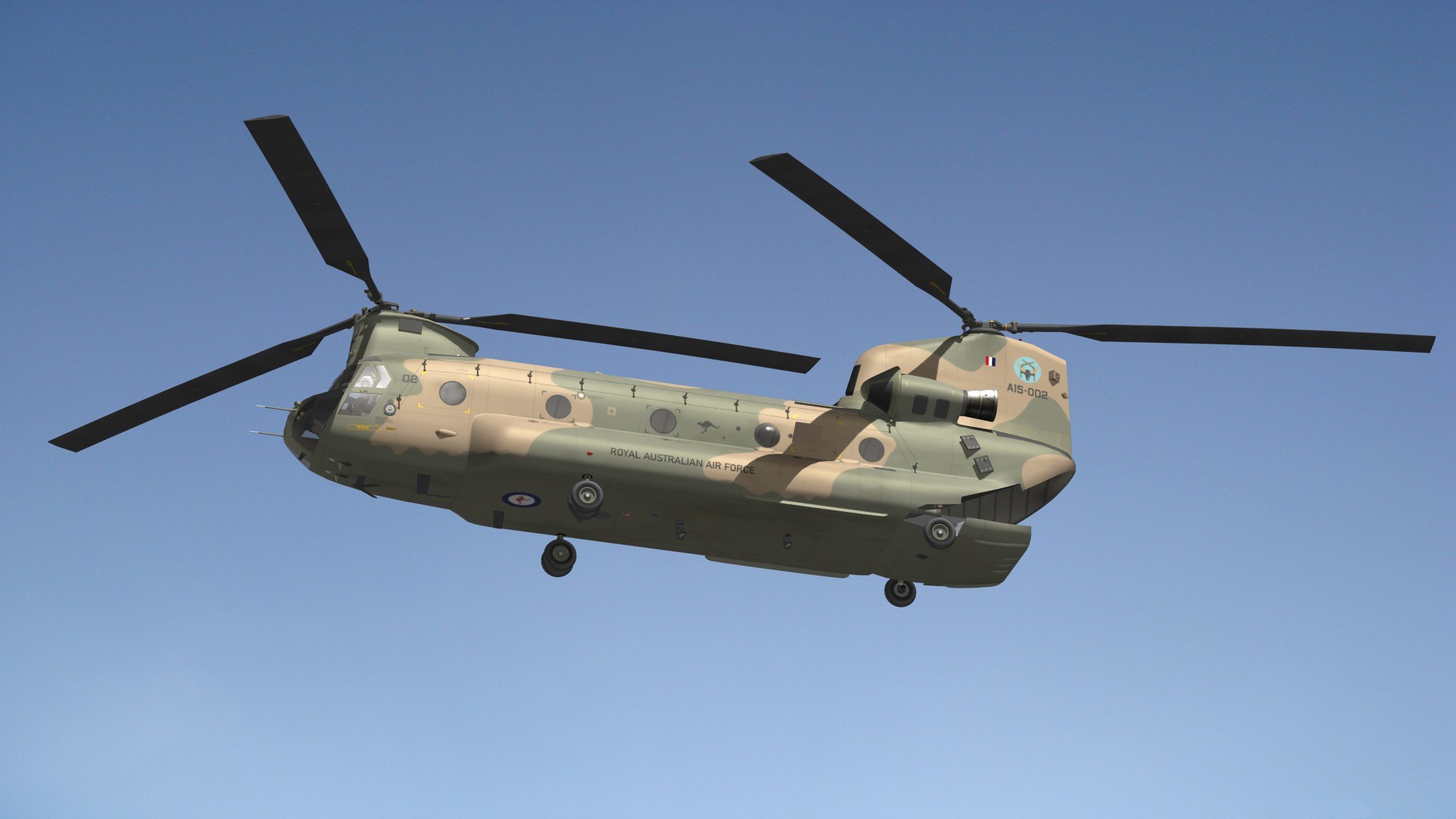 3D CH47 Chinook RAAF model https://p.turbosquid.com/ts-thumb/7D/qtzxgF/xI/h47auspr14/jpg/1691392459/1920x1080/fit_q87/5330efd5cf2300ce9c7ca84627523f8032a91011/h47auspr14.jpg