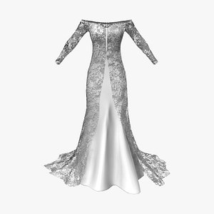 Off-Shoulder Lacey Long Bridal Gown Dress 3D model