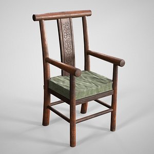 Old Wooden Armchair - Rustic Medieval Chair With Cushion 3D model
