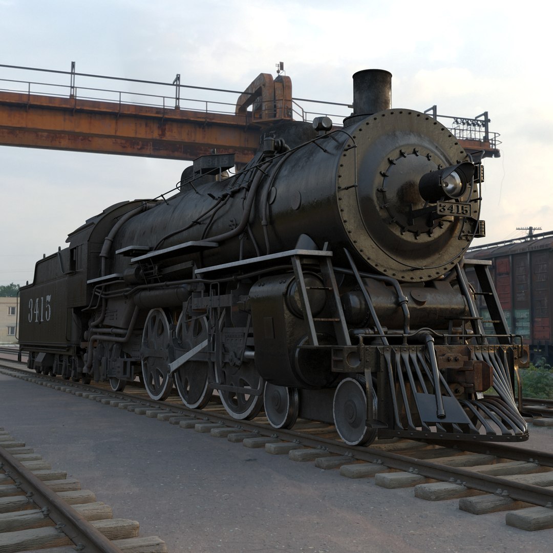 Vintage Steam Locomotive and Tender Rigged for Cinema 4D 3D model preview
