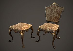 Lowpoly PBR Victorian Dining Chair and Stool