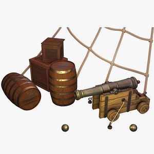 ship cannon With barrels and boxes Low-poly 3D model 3D