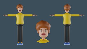 Cute Young Man Character with Afro Hair Low Detial 3D Model