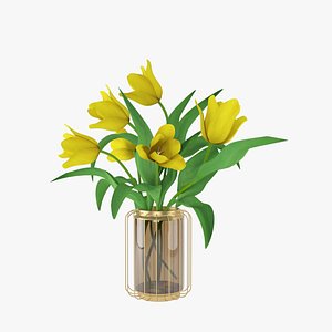 Yellow tulip flowers in a golden glass vase 3D model