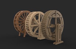 wooden water wheels set 02 3D model 3D model