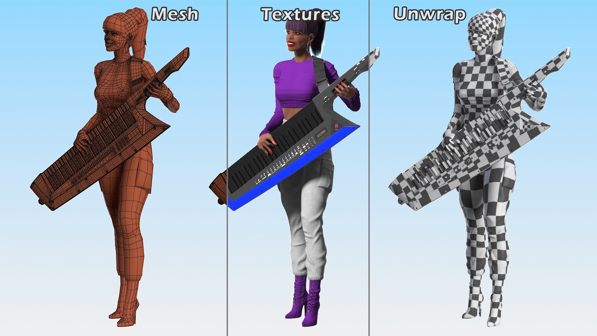 Woman with Keytar 3D https://p.turbosquid.com/ts-thumb/7K/FceYIW/9C/womanwithkeytarvray3dmodel023/jpg/1631751922/1920x1080/fit_q87/f46edc100eceda357d575726e7569259be9842e6/womanwithkeytarvray3dmodel023.jpg