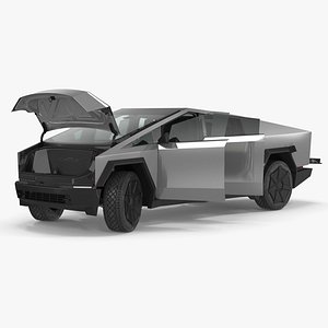 Futuristic Electric Truck Tesla 2024 Silver Lights On Rigged