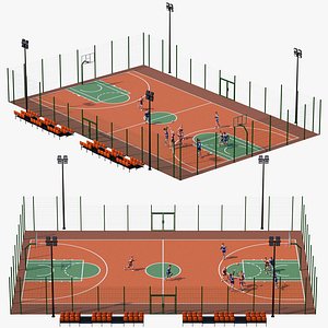 3D Basketball court with players 