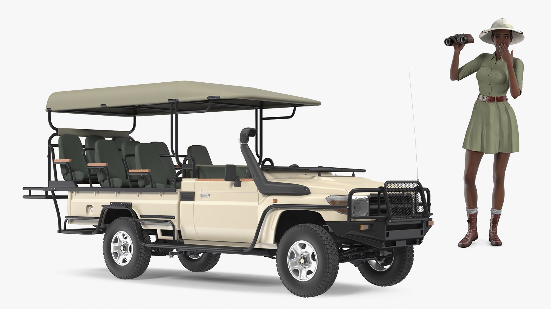 Safari Open Vehicle with Dark Skin Black Woman Collection 3D model preview
