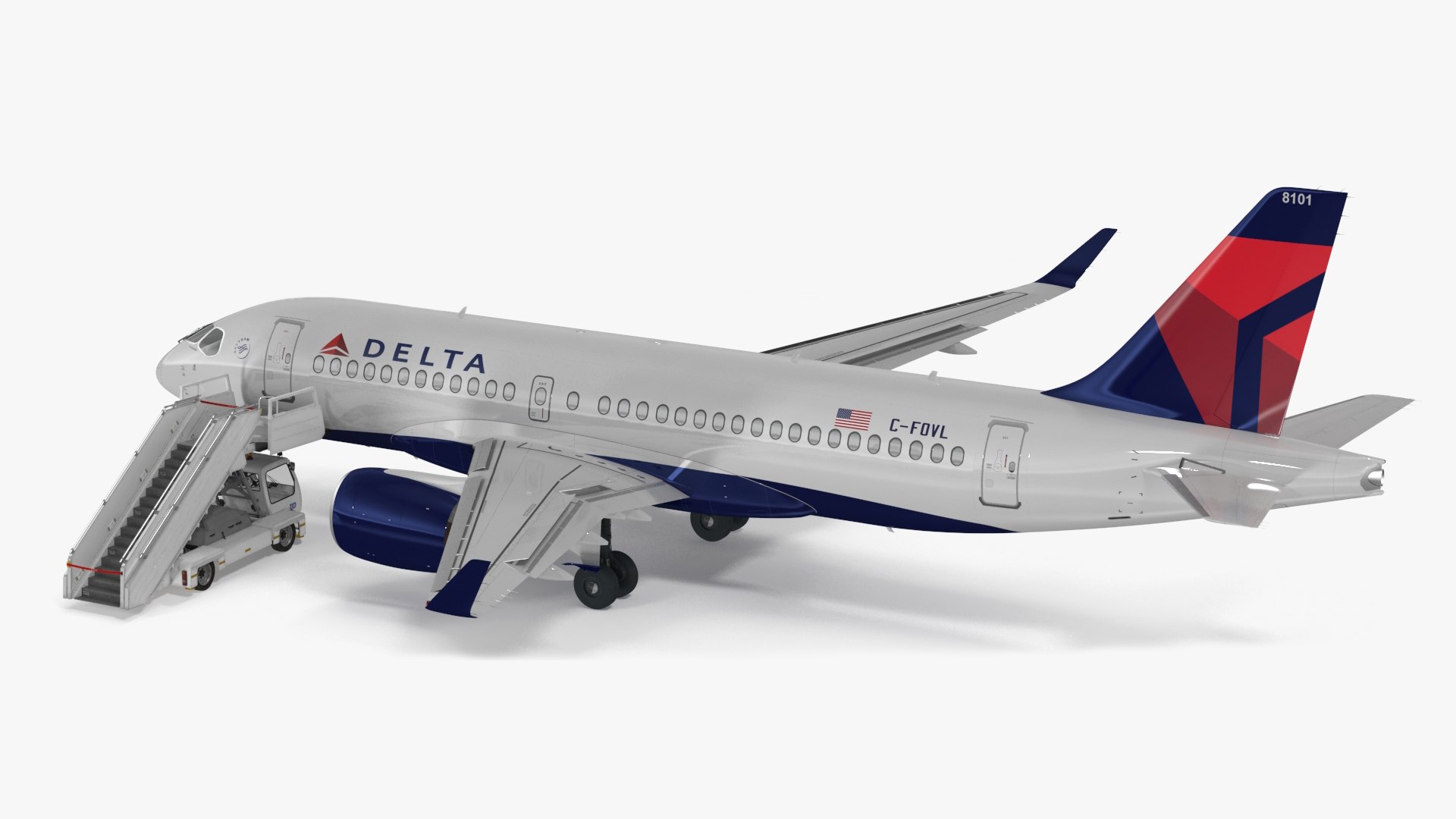 Airbus Delta with Passenger Boarding Stairs Car Rigged for Cinema 4D 3D model preview