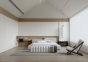 Double bed cozy bedroom interior scene