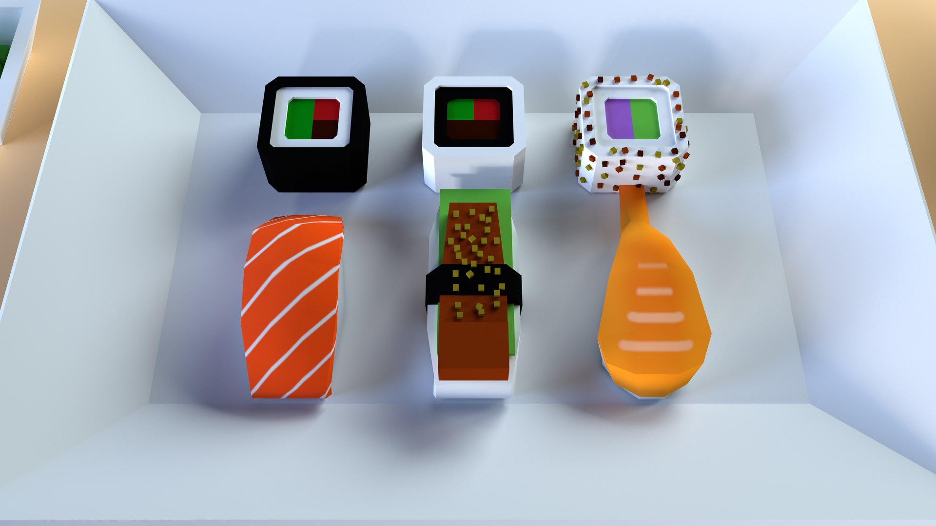 Low poly sushi 3D model https://p.turbosquid.com/ts-thumb/7P/V9OSJu/6c/preview2/jpg/1635855330/1920x1080/fit_q87/f165ddb4de4b27e0c600cb89470f1b1b6ac18a8d/preview2.jpg