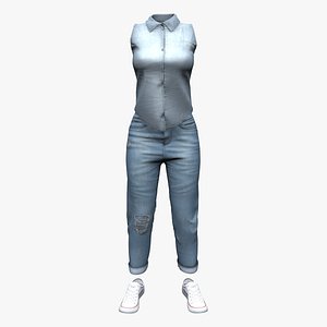 Casual Rolled Denim Sleeveless Shirt Sports Shoe Outfit 3D model