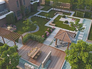 Multi Timber Pergola Pavilion Linear Water Large Villa Backyard 3D Model 3D model
