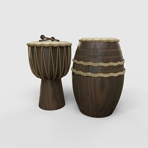 Two Ethnic Wooden Hand Drums Djembe and Barrel Percussion Instrument 3D Model