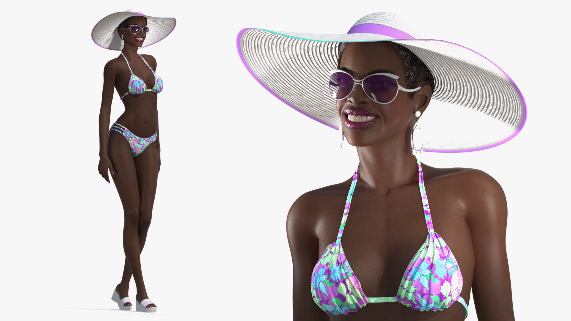 Dark Skinned Bikini Woman Rigged 3D model preview