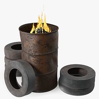 Rusty Fire Barrel With Stacked Tires