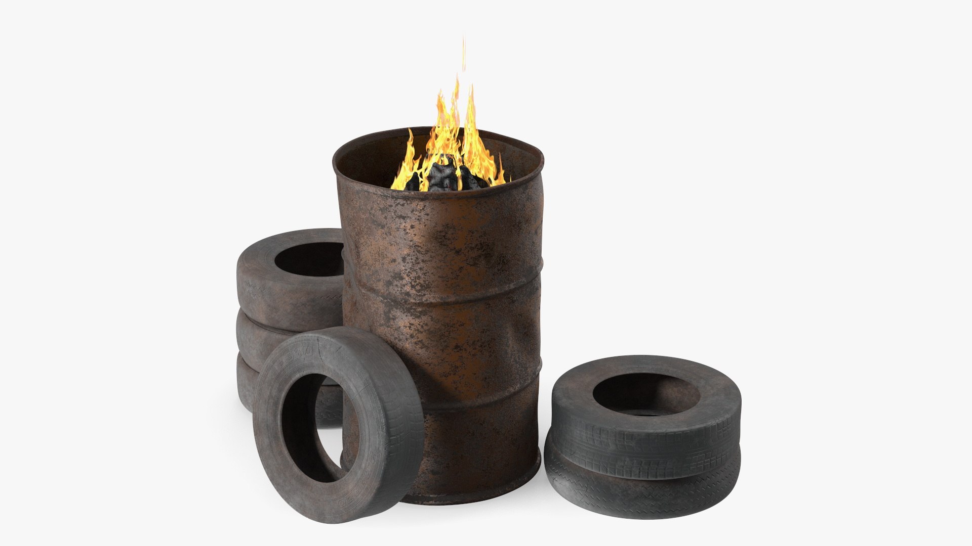 Rusty Fire Barrel With Stacked Tires 3D model preview