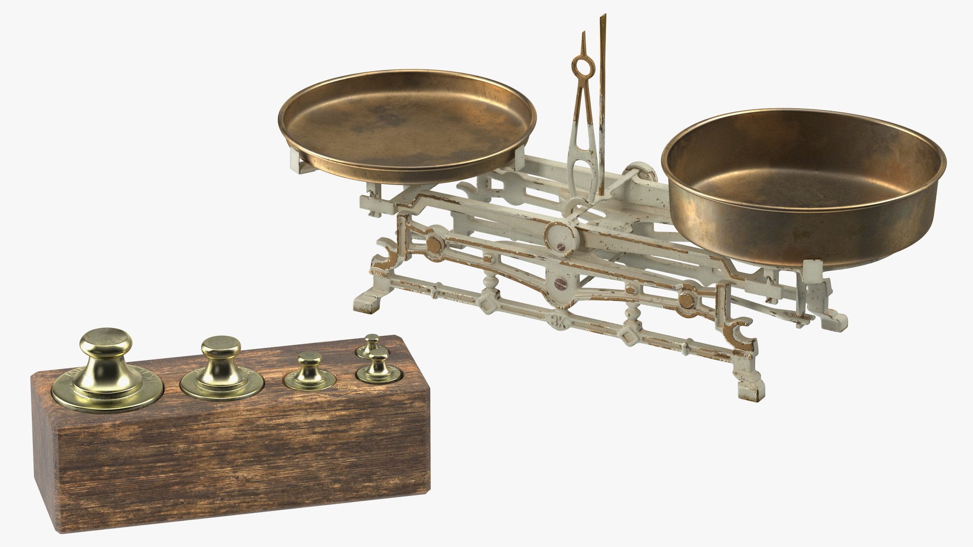 Antique Balance Scale with Weights Set 3D model preview