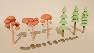 3D Low poly trees and rocks