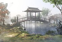 Chinese Garden Landscape with Pond Bridge and Pavilion