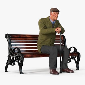 3D Old Man Sitting on Bench