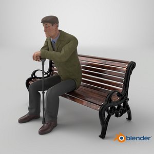 3D Old Man Sitting on Bench