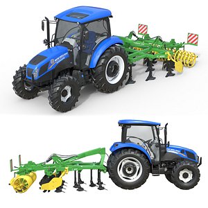 3D model New Holland Tractor and Hybrid Field Cultivator